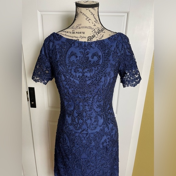 La Femme Beaded Lace Cocktail Navy Midi Dress - Picture 6 of 12